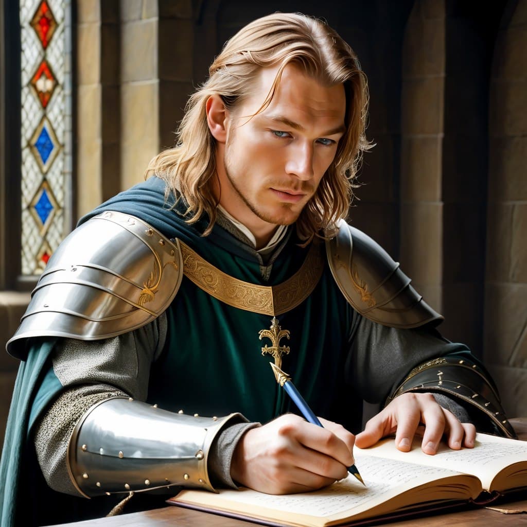 AI generated: Personal thick Tudor Faramir, Writing poetry, concept art, Polychromatic, Concept artist, (Masterpie...