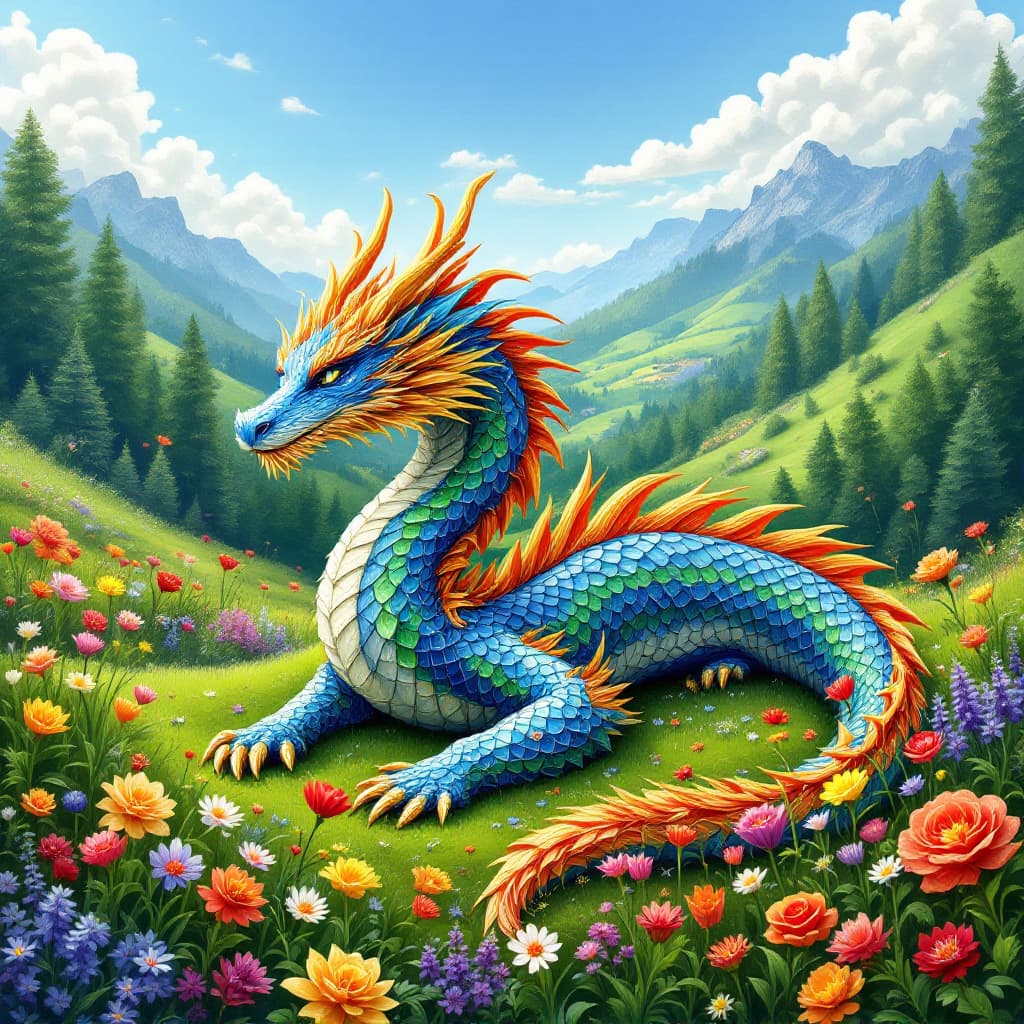 AI generated: 
A stunning quilling art piece depicting a beautiful multi-colored dragon resting peacefully in a lu...