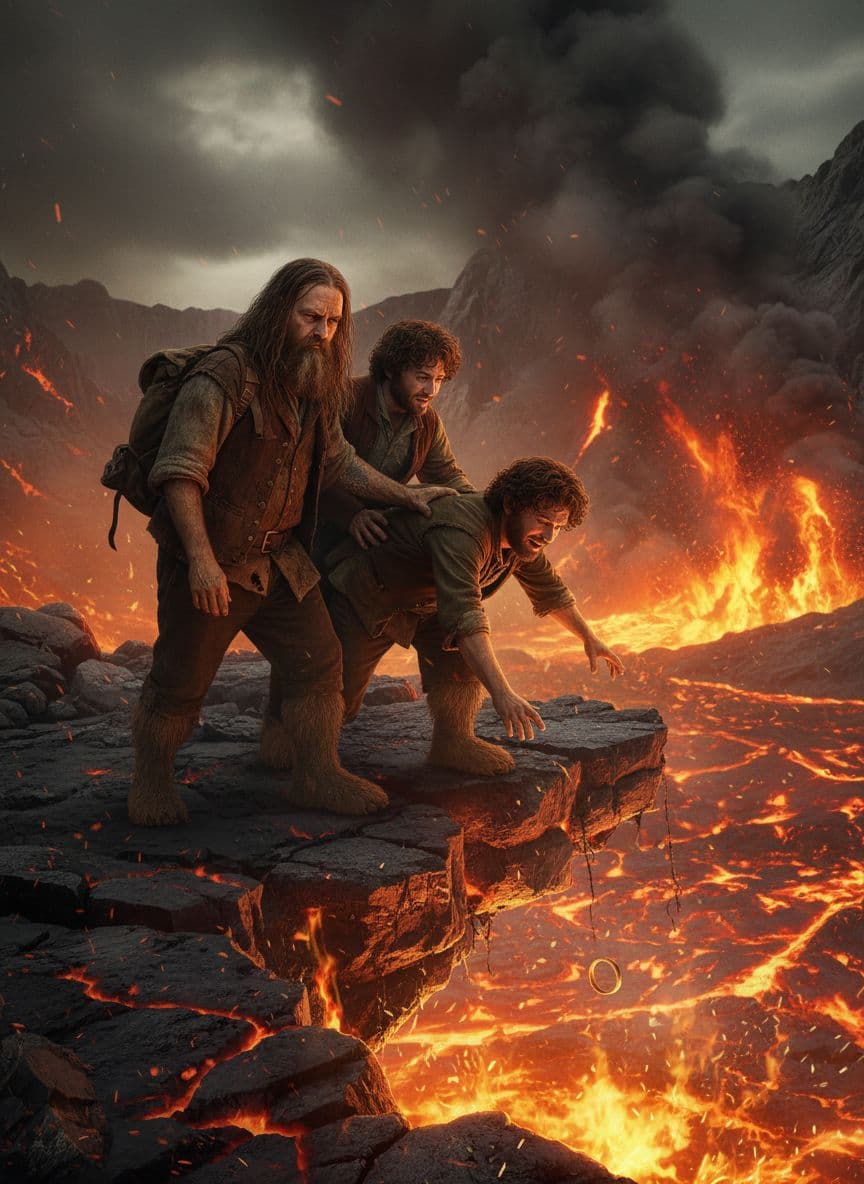 AI generated: i want this three people as a hobbits throwing the rint inside Orodruin