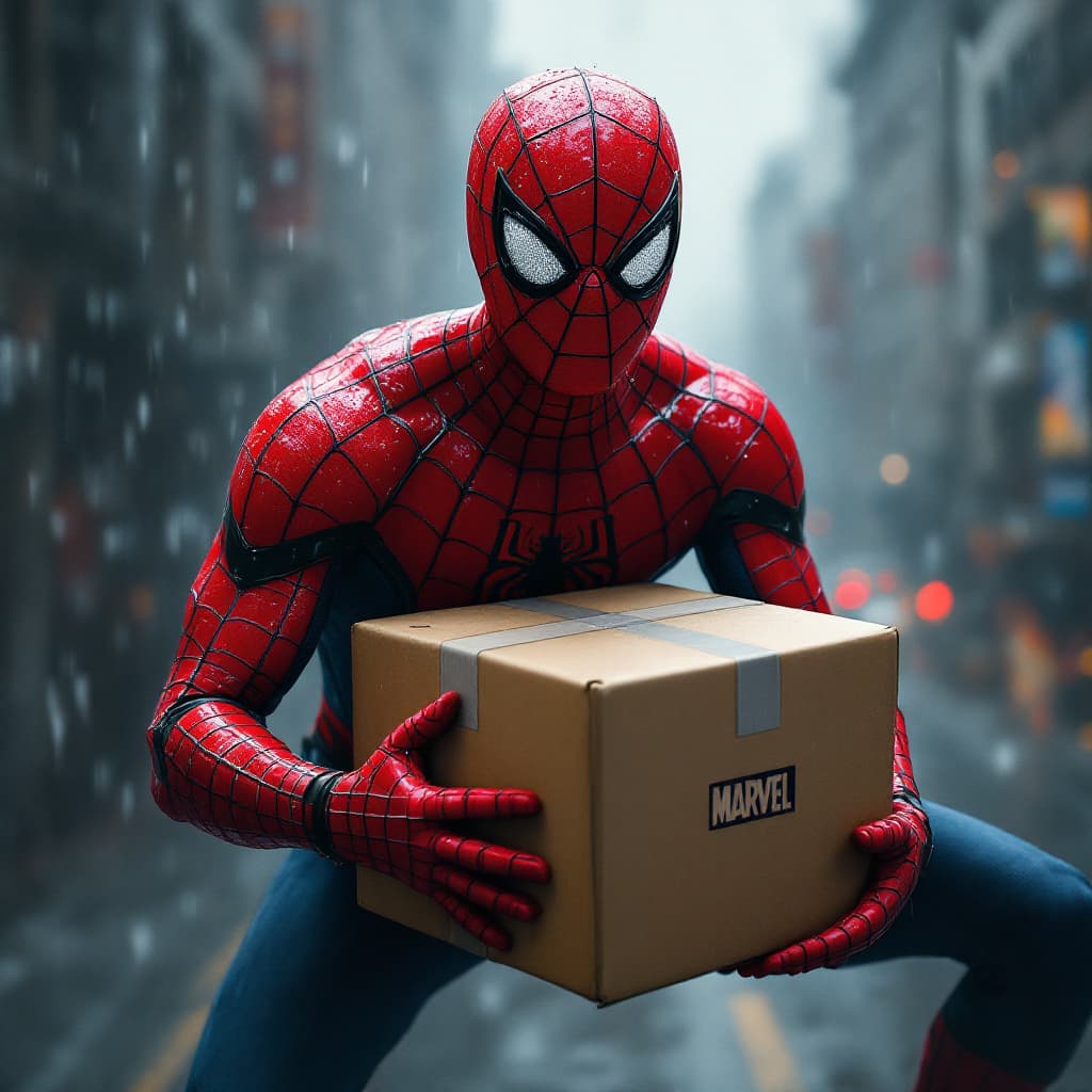 AI generated: Marvel's Spiderman holding delivery box, he is up in the air
 realistic perspective, surrealistic re...