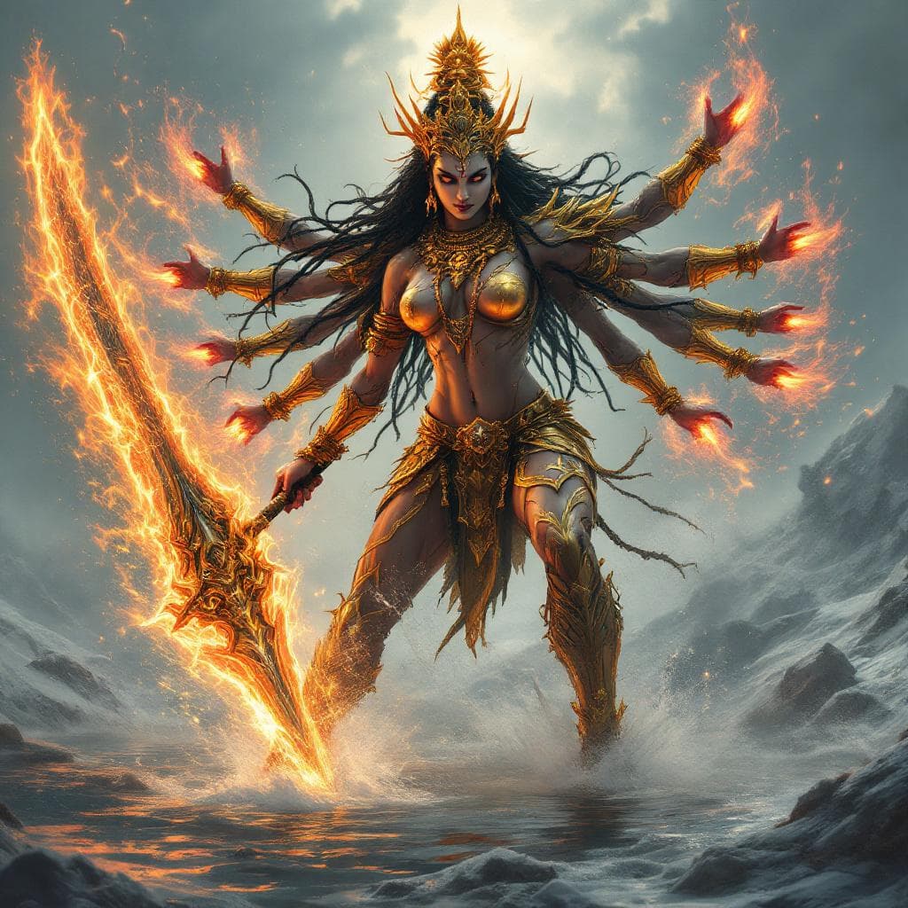 AI generated: "Create an ultra-realistic, full-body portrait of Devi Durga  in a water-laden landscape. Devi Durga...