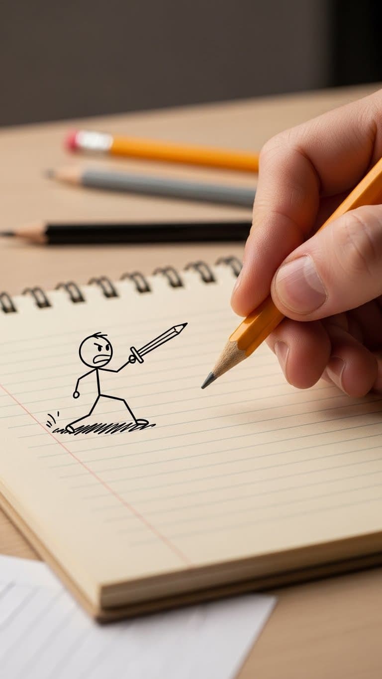 AI generated: a stick figure fights its creator through a notepad 