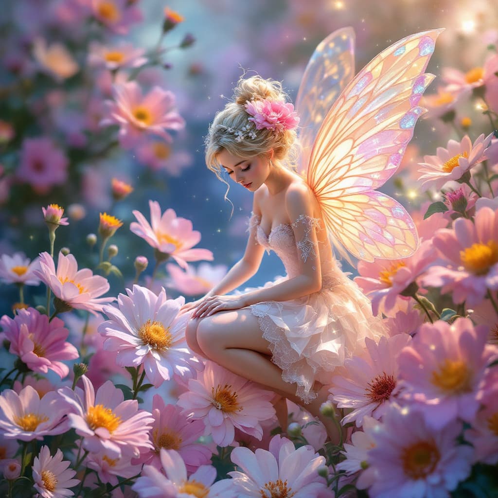 AI generated: fairy with flowers, pastel colors, extremely detailed, lights, glow, flowers  --ar 35:64 --stylize 7...