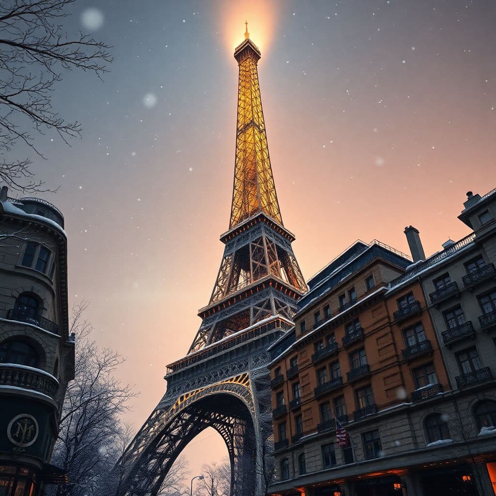 AI generated: Picture the Eiffel Tower rising above futuristic buildings in a cyberpunk Paris, reminiscent of Blad...