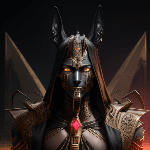 AI generated: portrait the egyptian male anubis, cyberpunk, black, pyramid, hyperdetailed eyes, hyperrealism extre...