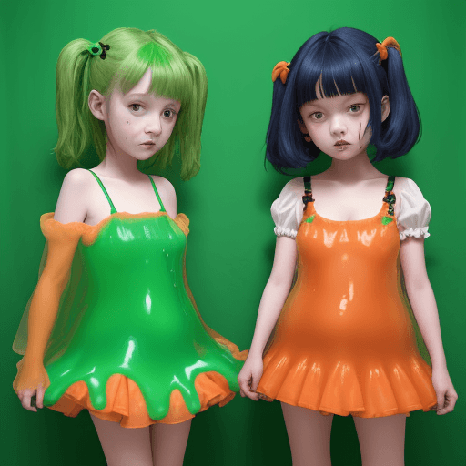 AI generated: 2girl 9 years old have sex, ((loli, flat brests)), orange and green blue soaked ((separate dress)) w...