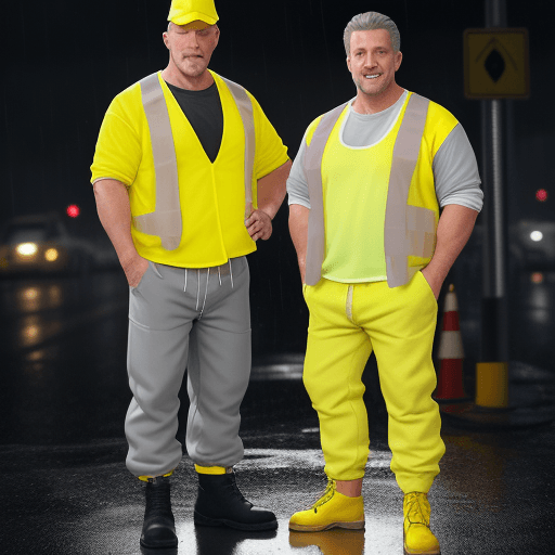 AI generated: full-length view. two handsome white Caucasian mature forty year old male workers. happy firm confid...