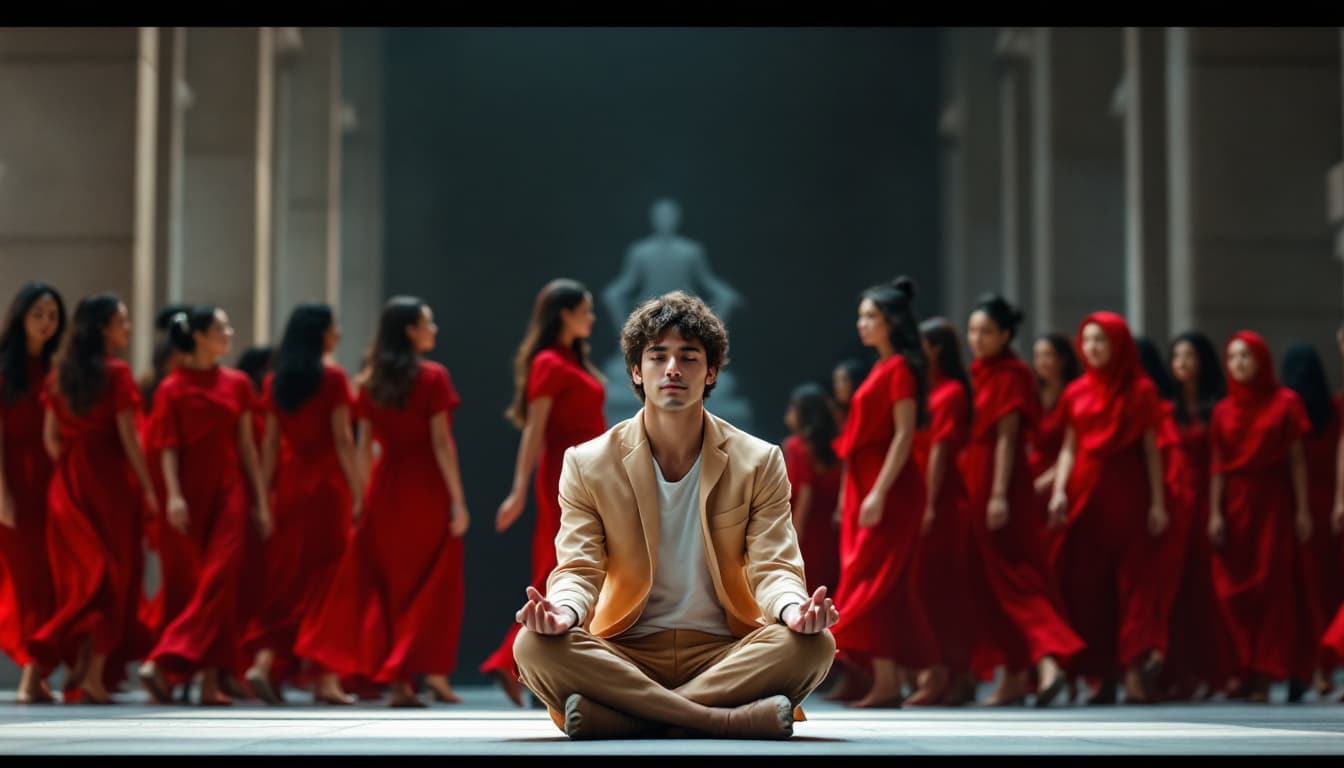 AI generated: A young man sits in a meditative pose. Many women in red dresses walk past him.