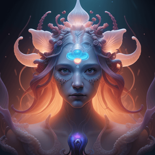 AI generated: Goddess close-up portrait ribcagel. jellyfish phoenix head, nautilus, orchid, skull, betta fish, bio...