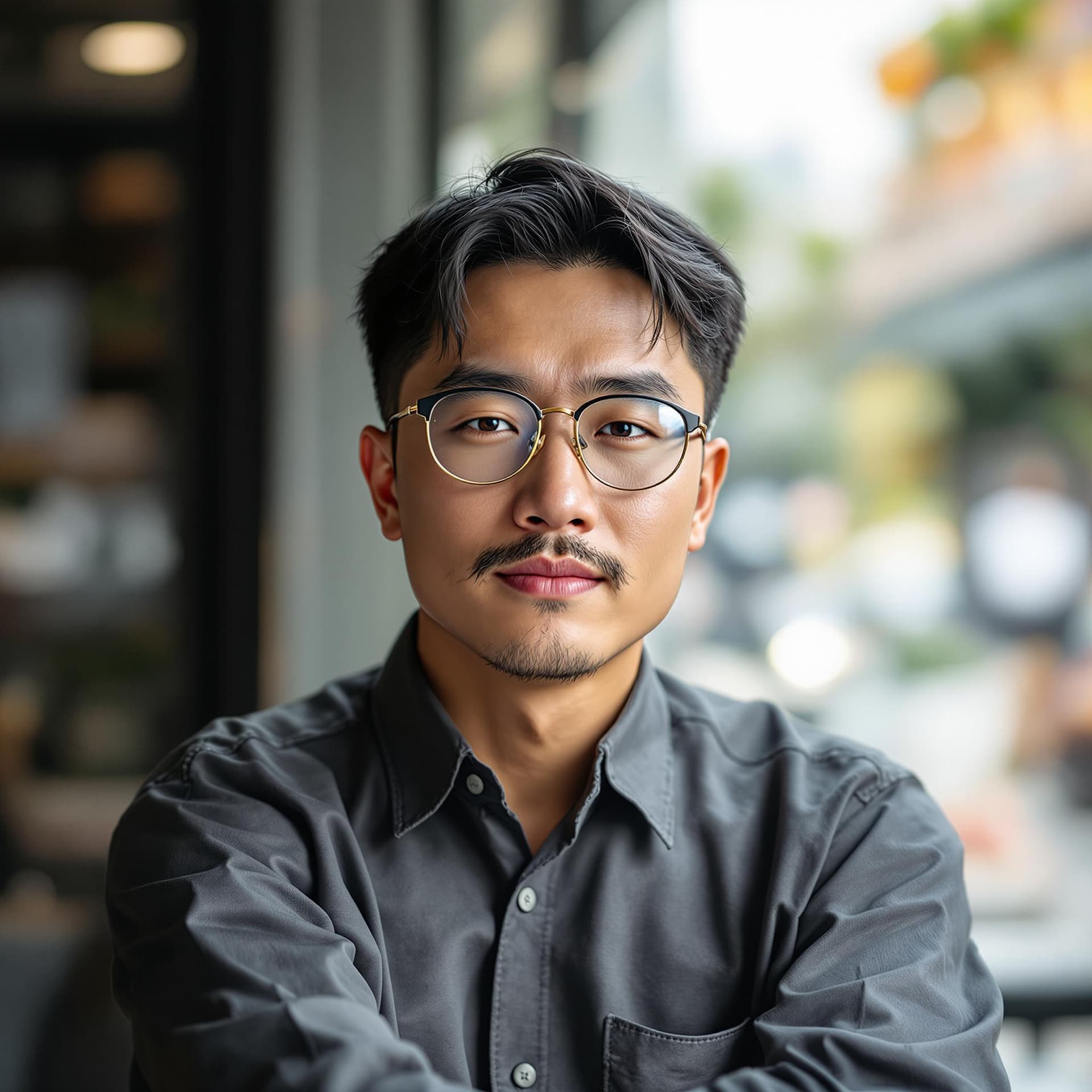 AI generated: realitic ultra photo of a handsome Asian man wearing prescription eyeglasess, smart looking, detaile...