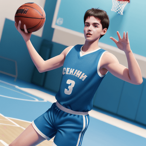 AI generated: a Super cute sports boy,wearing a basketball vest,blueshorts,big watery eyes，clean bright basketball...