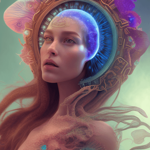 AI generated: Goddess close-up portrait ribcagel. jellyfish phoenix head, nautilus, orchid, skull, betta fish, bio...