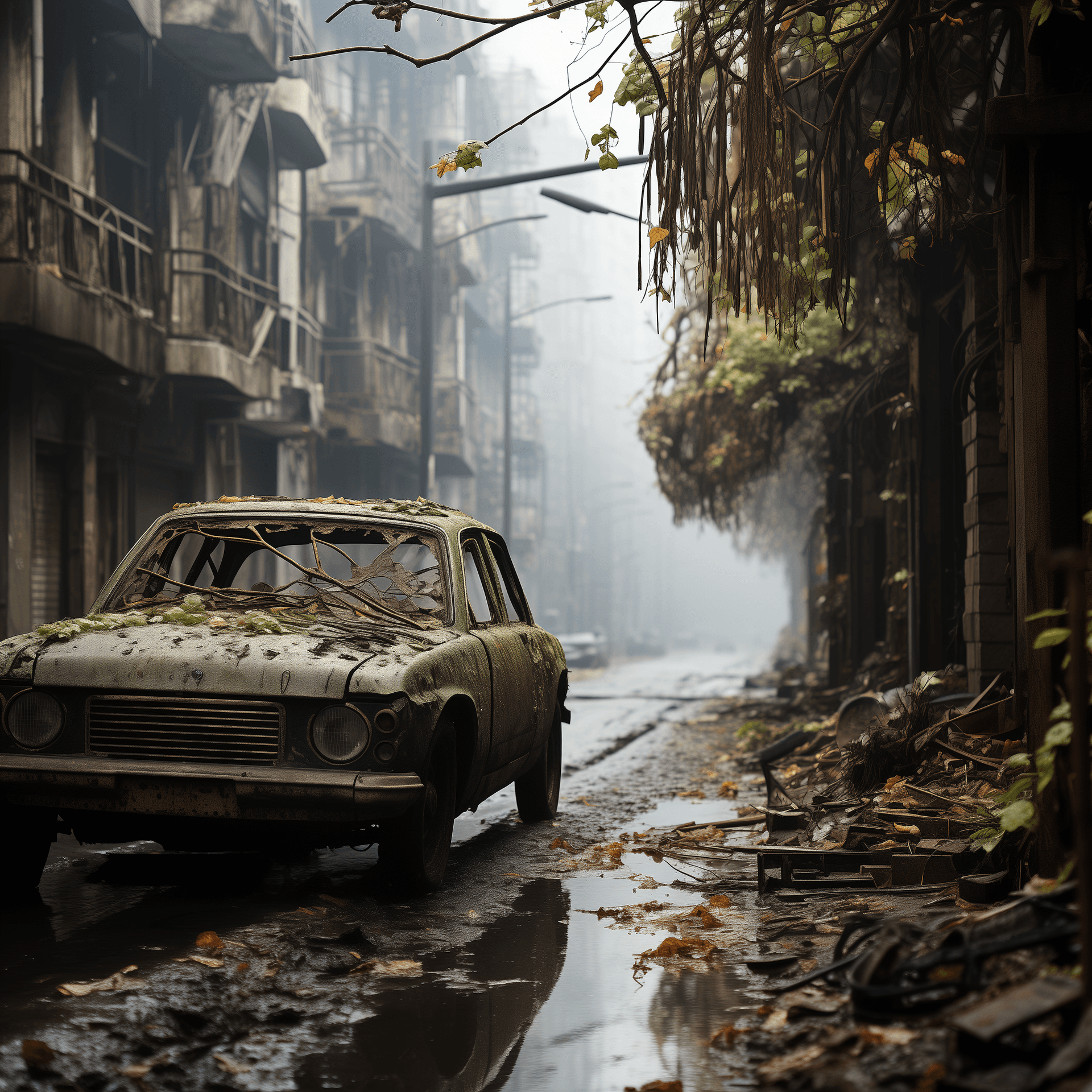AI generated: Capture a deserted cityscape where nature has begun to reclaim the structures. Tall skyscrapers are ...
