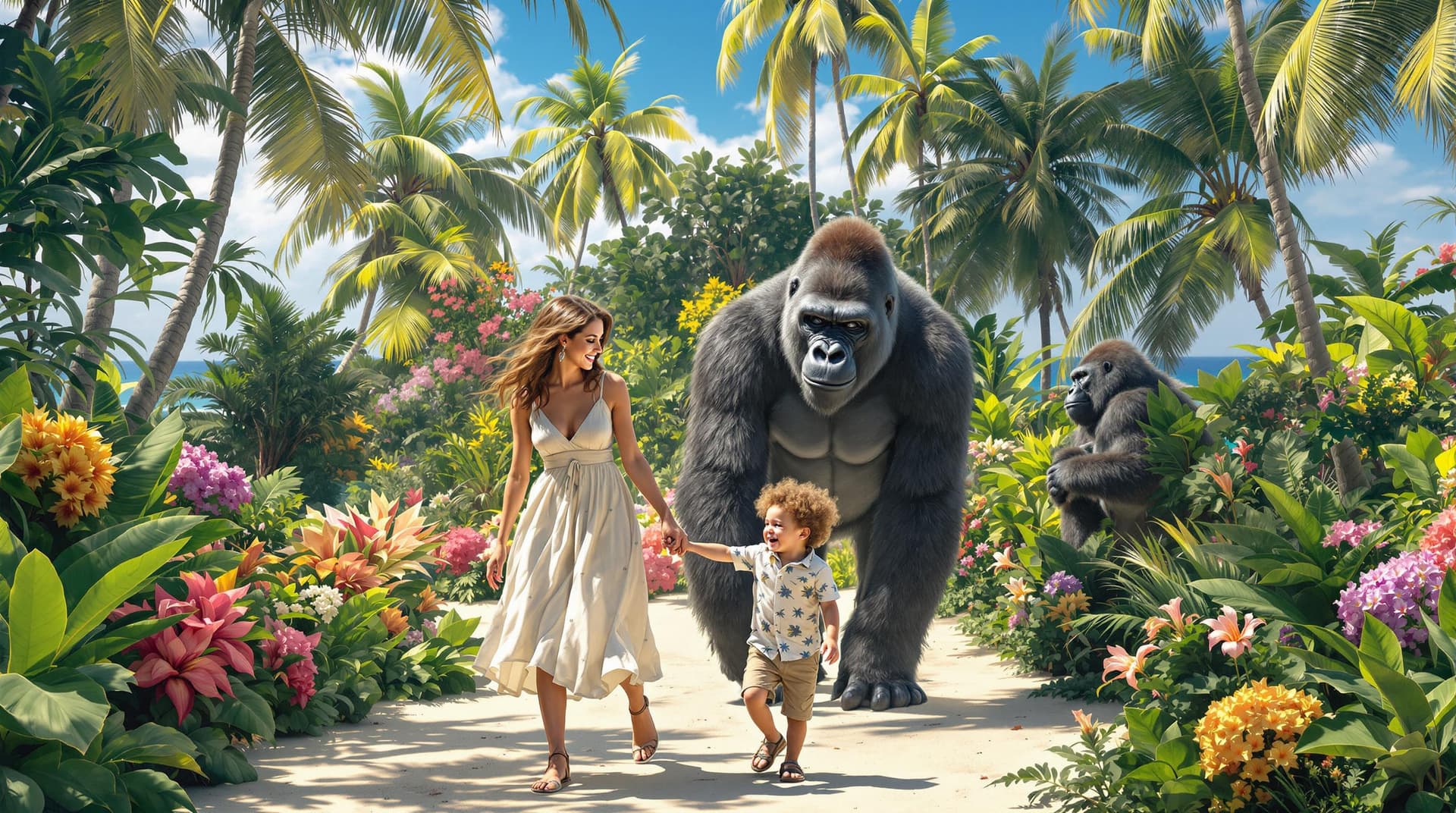 AI generated: “A surreal and touching scene of a woman with a three-year-old child and a large gorilla walking on ...