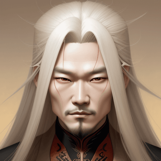 AI generated: an illustration of a Chinese man with long white hair, in the style of ingrid baars, j. scott campbe...