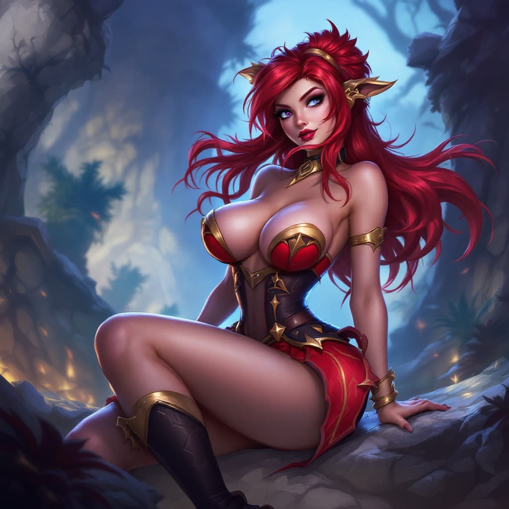 AI generated: perky, miss fortune league of legends, bend over, seductive, natural league of legends background wi...