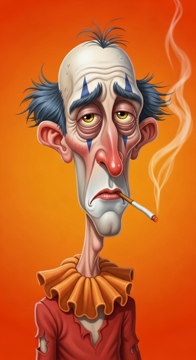 AI generated: funny caricature, disheveled clown character, male, 45 years old, messy, grumpy, tired, exaggerated ...