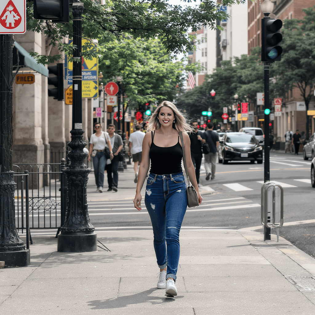 AI generated: 12K, HRD, film grain, 100 ASA, The image features a woman walking down a city street, wearing a blac...