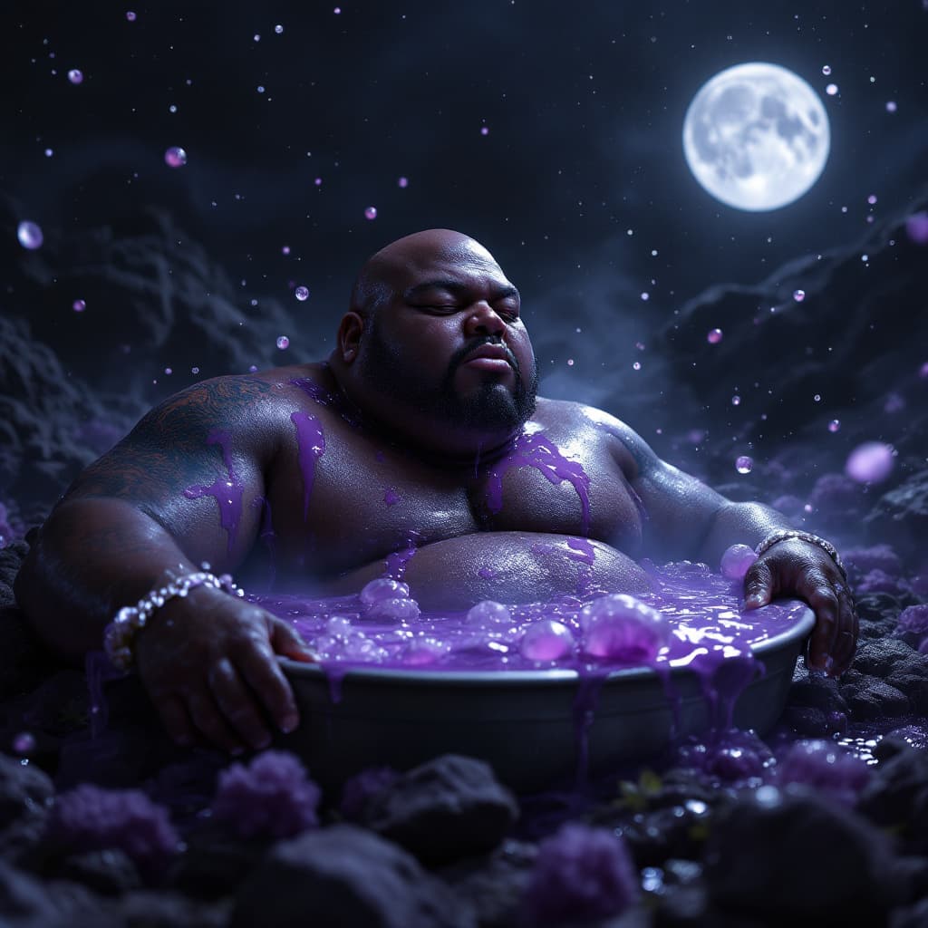 AI generated: dave blunts a big very very fat bald black rapper with no facial hair bathing in 1000 cups of purple...