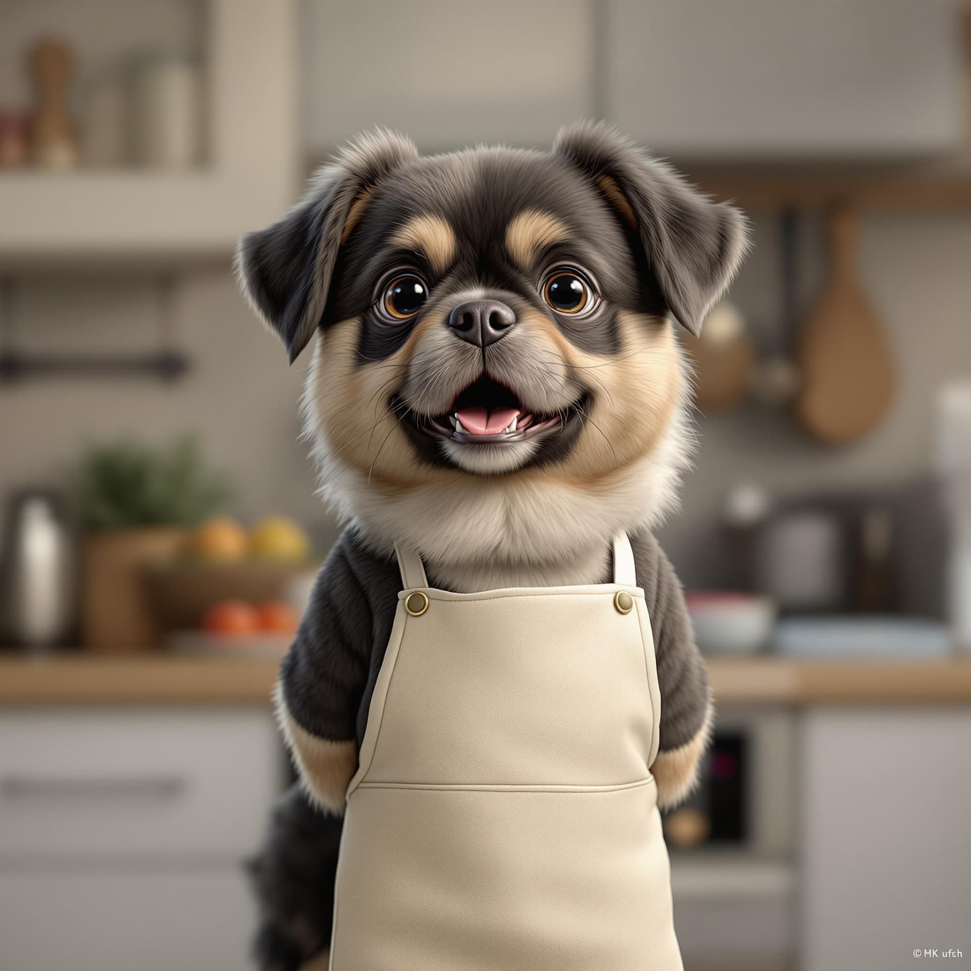 AI generated: A cute dog standing like a person, dressed in an apron, the background is a kitchen, in a realistic ...