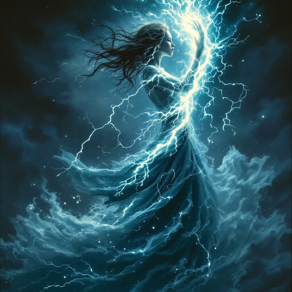 AI generated: A powerful storm charmer, where her form becomes a part of the storm itself and her clothing flows a...