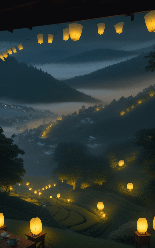 AI generated: /imagine prompt: Amidst rolling hills blanketed by mist in a picturesque tea garden, tents arranged ...