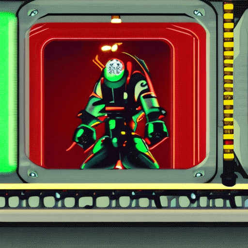AI generated: 2D Animation of a freckled woman with ponytailed blonde hair, in a mechanized exosuit. She's in a va...