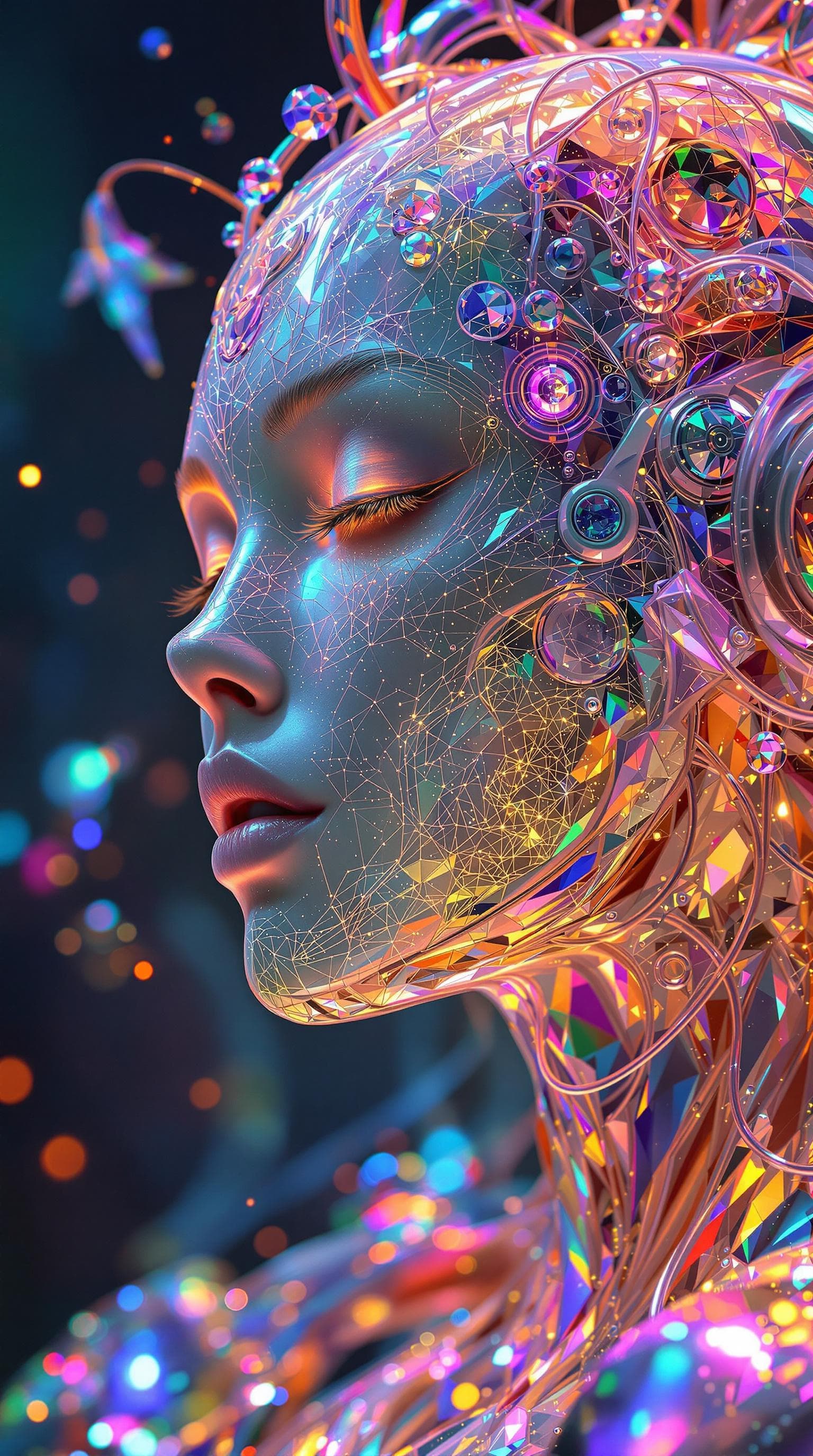 AI generated: In this mesmerizing depiction, envision a psychedelic organic cyborg encapsulated in holographic pla...