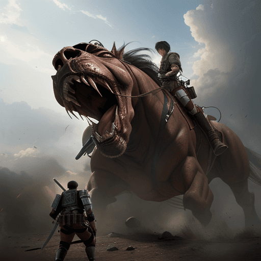 AI generated: masterpiece, cinematic scene, award winning, cinematic angle, Attack on titan, Levi versus armored T...