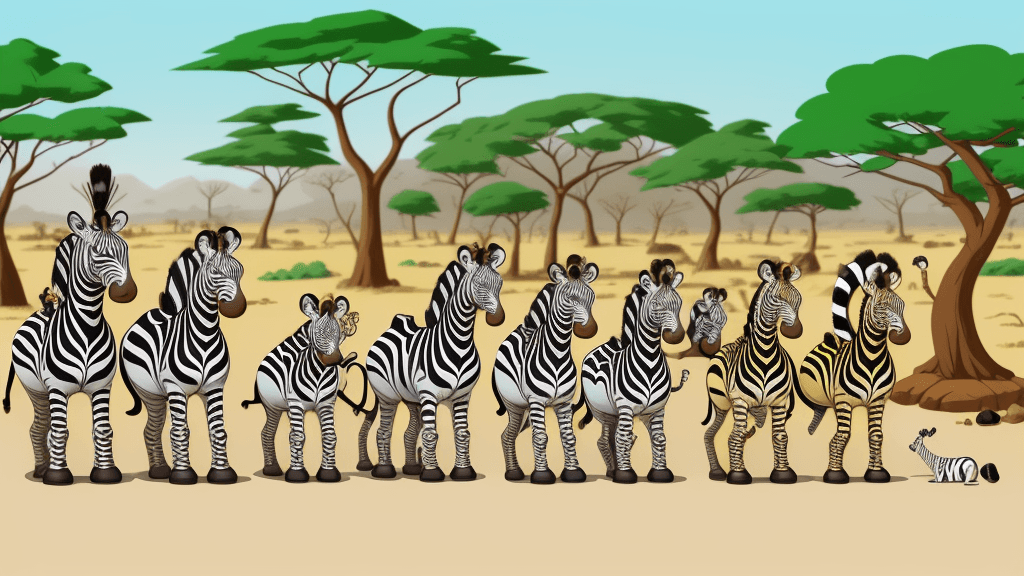AI generated: lots of cartoon animals, monkeys and zebras in the african safari, in the style of animated gifs, co...