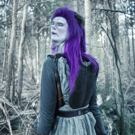 AI generated: girl with purple hair with a knight equipement in the forest , 80s dark fantasy, dark fantasy, dark ...