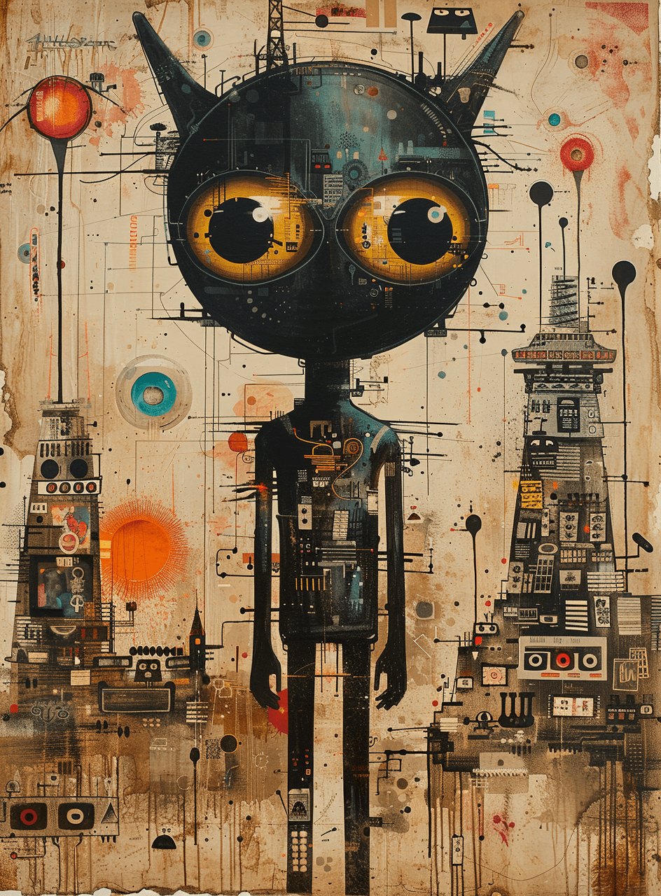 AI generated: a drawing of an alien character surrounded by symbols and shapes, ink on old paper, surrealism, mult...