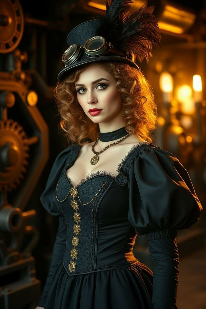AI generated: "Original, Steampunk-inspired portrait photography, warm golden hour light, soft aesthetic. Cinemati...