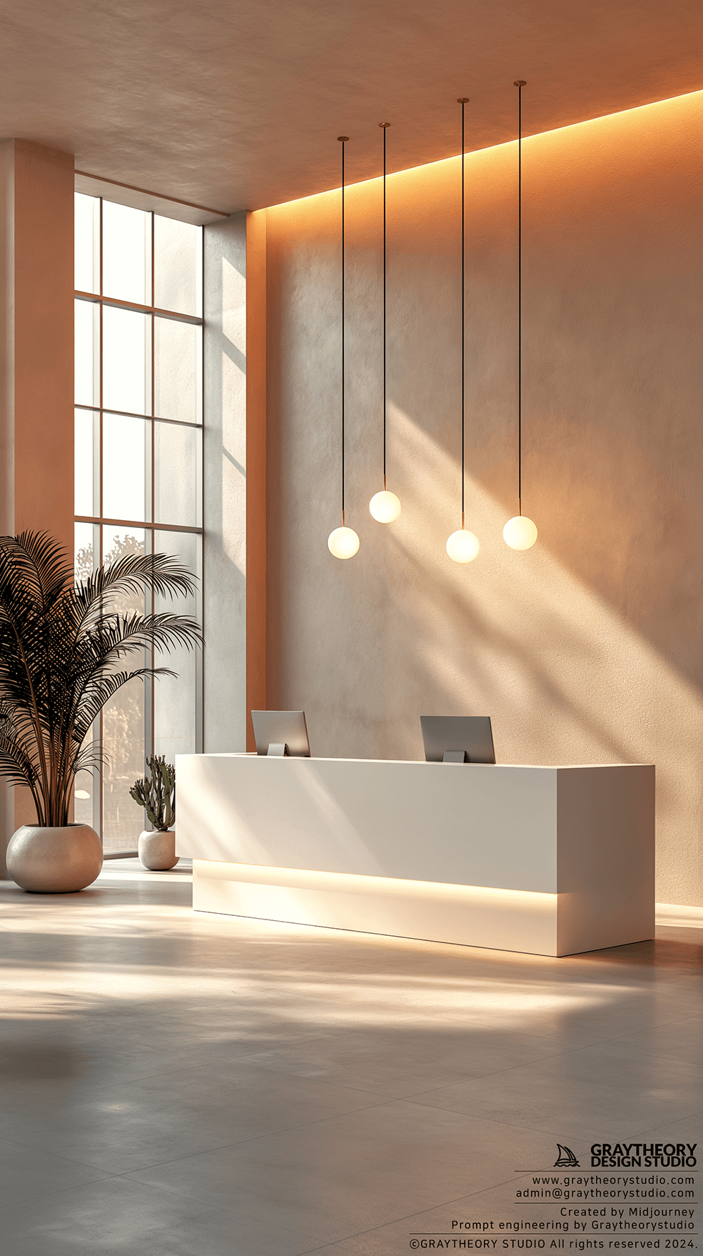 AI generated: modern reception desk with a clean, white finish in a bright, Canon EOS-1D X Mark III, desk's sleek ...