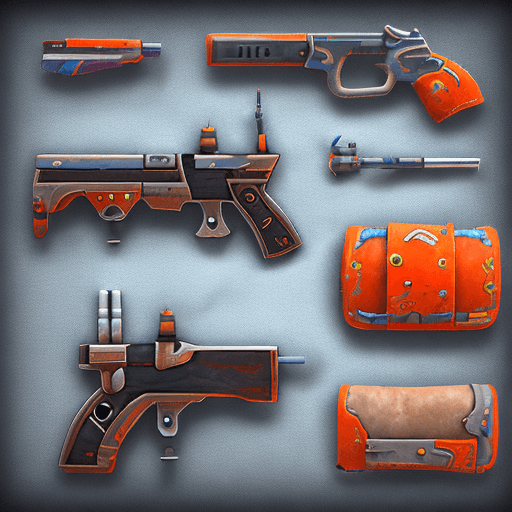 AI generated: stylized game asset gun model with toon texture and bullet, extra magazine, blue orange and gray col...