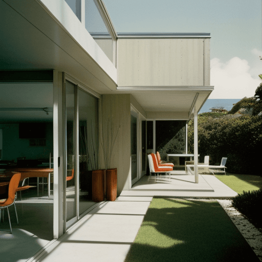AI generated: Hyper realistic eye level exterior photo of a mid century modern style house overlooking the ocean, ...