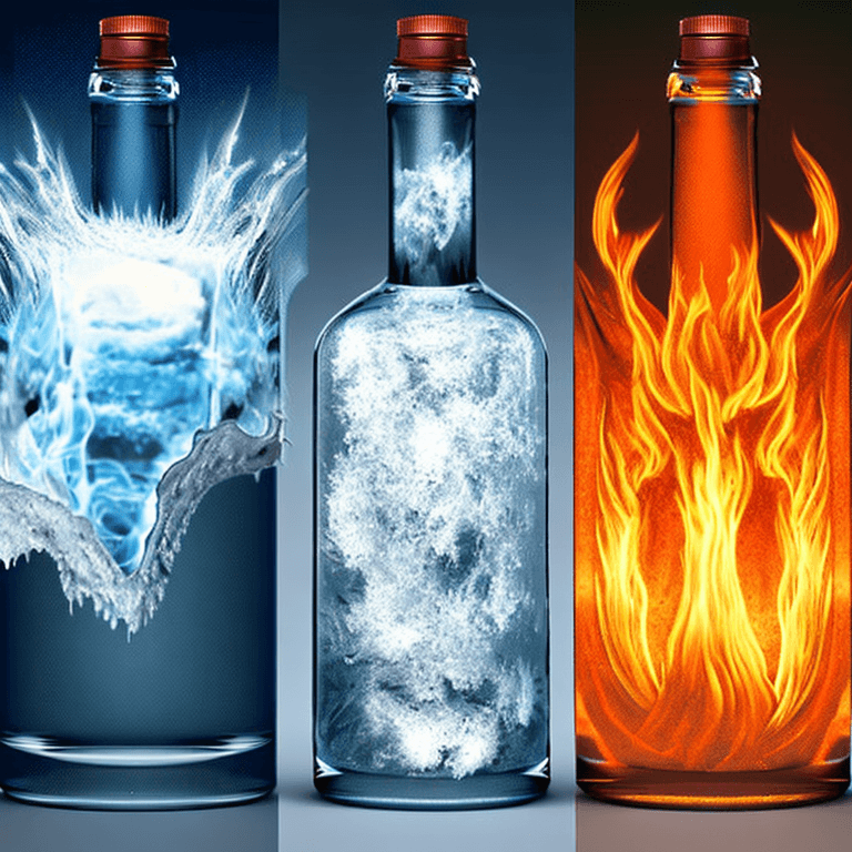AI generated: The form of Fire, Ice, wind, earth inside separate bottles, each element is represented by a ghost m...