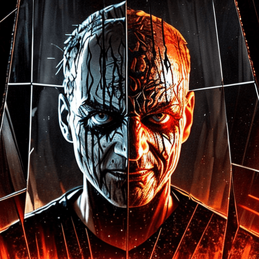 AI generated: a shattered mirror reflects fragmented images, victim's horrified face is superimposed with Freddy K...