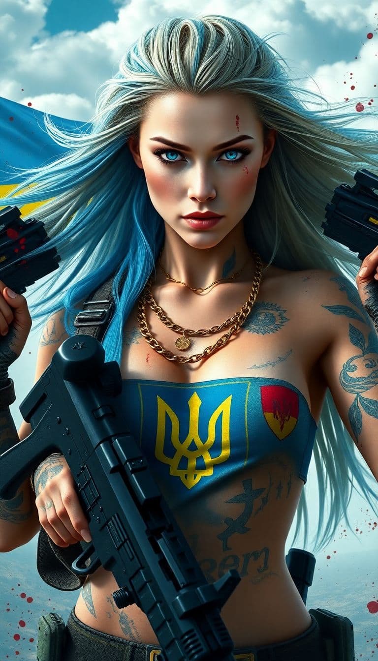 AI generated: a fierce Ukrainian bare body female Cyber soldier heavily armed with rifles tattooed all over with a...