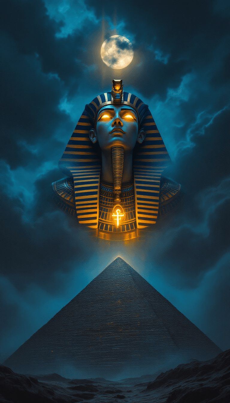 AI generated: A low-angle, close-up digital painting shows a majestic, larger-than-life figure of Pharaoh Tutankha...