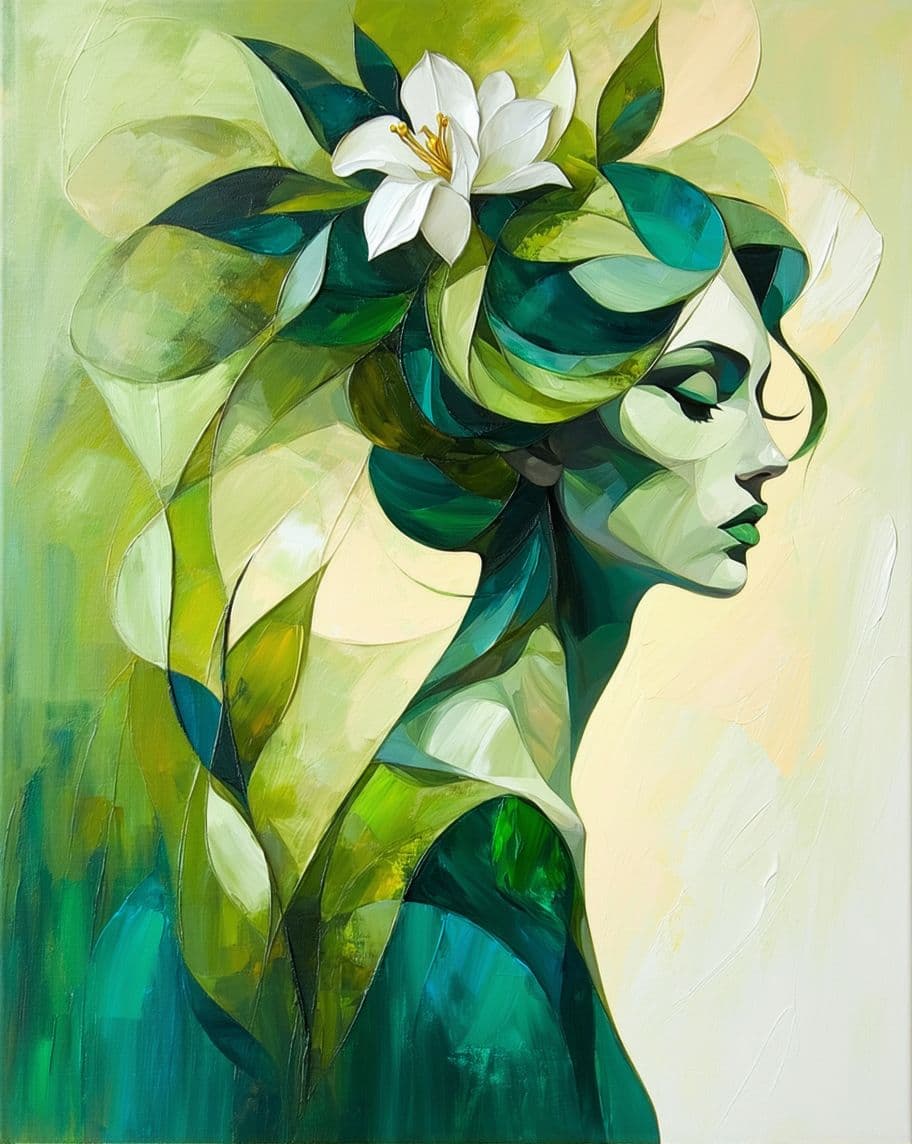 AI generated:  Pintura artística a oleo Uma mulher elegante com cabelos longos e ondulados em tons de loiro acobre...