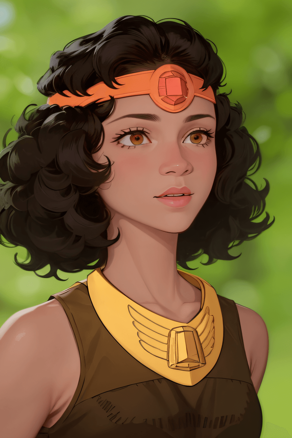 AI generated: diana pelt, close-up, green background, upper body, gold headband, gold necklace, red gemstone, absu...