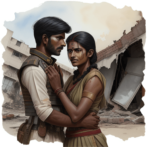 AI generated: Watercolor scene of an South Indian soldier, his attire stained with signs of combat, holding an Ind...