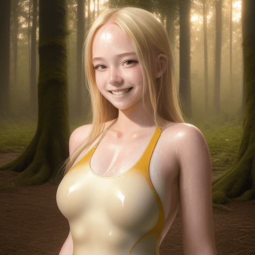 AI generated: girl, skin tight,  smiling, cum stains, girl, whole body frame, cum stains, sun set, forest, realist...
