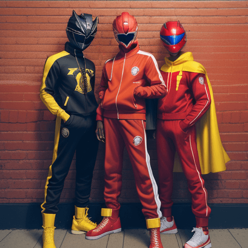 AI generated: A blackman, with a red power ranger like helmet, in a red track suit with a gold chain that HAS THE ...