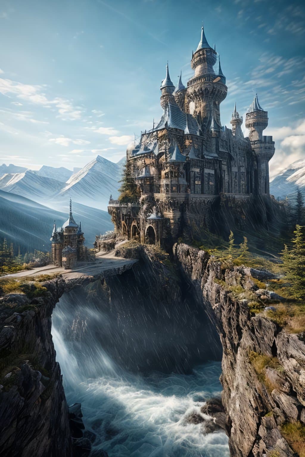 AI generated: a realistic sculpted castle and stone walls in the rocky mountains, in the style of gothic futurism,...
