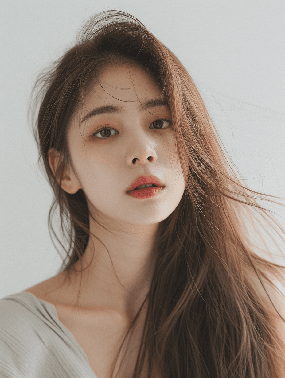 AI generated: long hair of Korean beautiful girl, plain background, photo realism, --ar 3:4