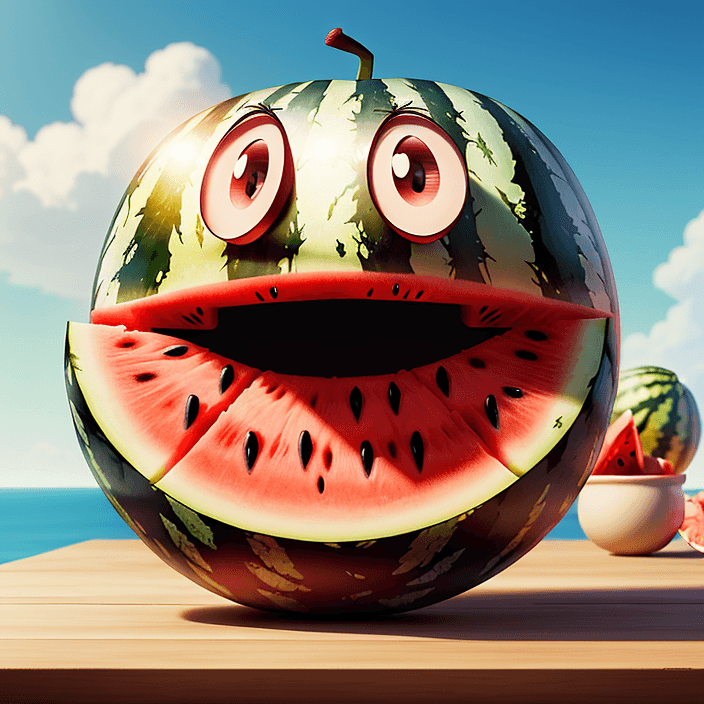 AI generated: A happy cartoon watermelon fruit, Pixar Style, perfect composition, 8k artistic photography, photore...