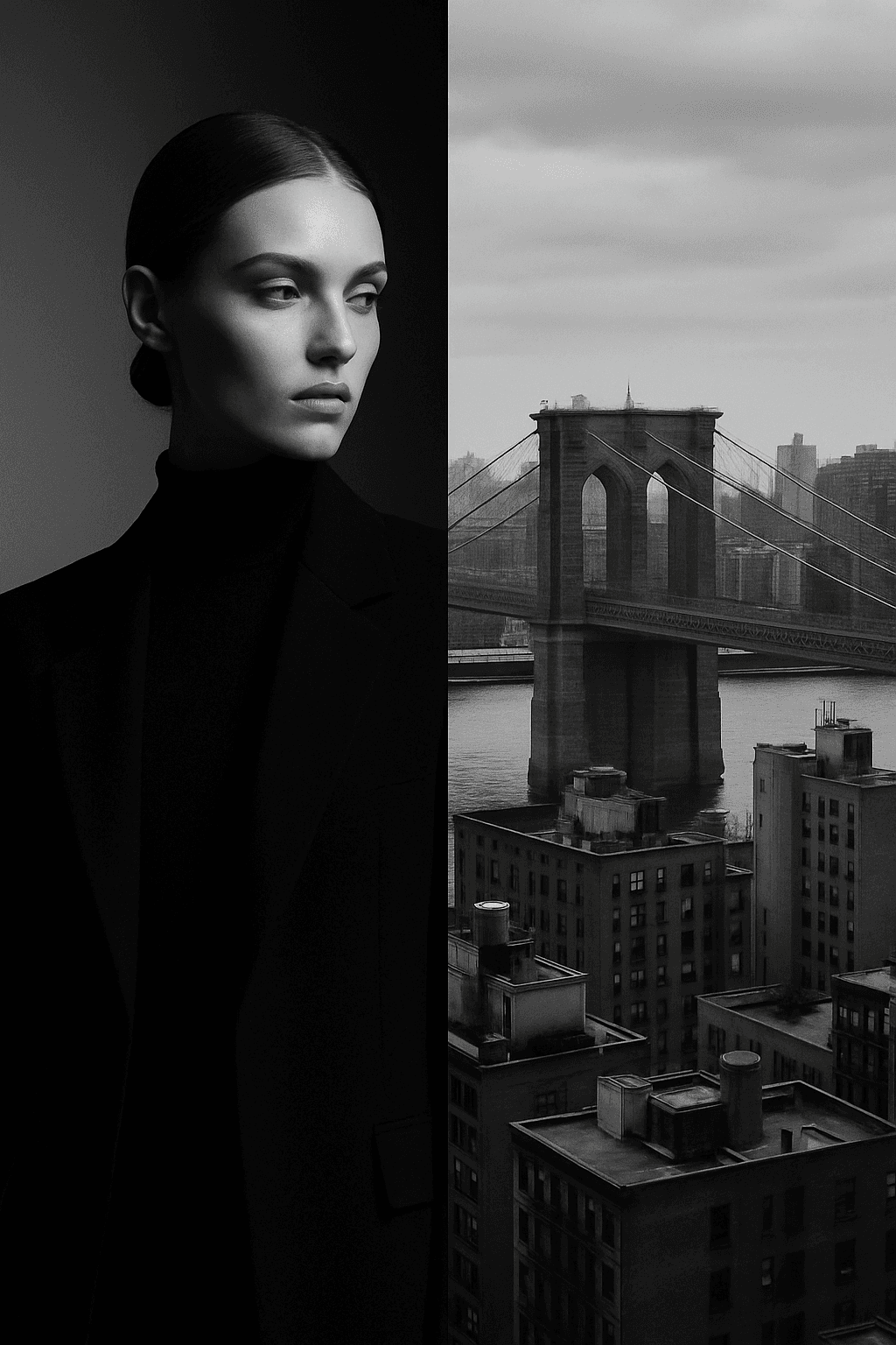 AI generated: Monochromatic photography, vertical split. One side is ultra-minimalist studio portraiture with a mo...