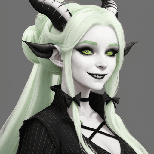 AI generated: YoungTiefling woman with a pastel green dress, long white hair with two side buns and black stripes,...